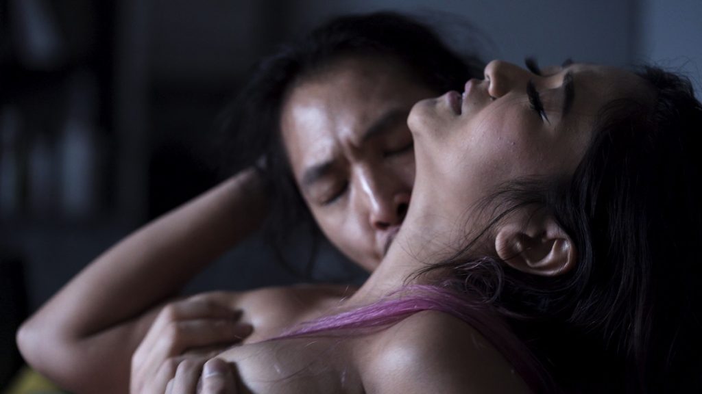 Jasmine Teaa moans as she's kissed on the neck by Leo Vice in the girlfriend boyfriend erotic film for women, "Game On", by holistic ethical and feminist porn studio ForPlay Films